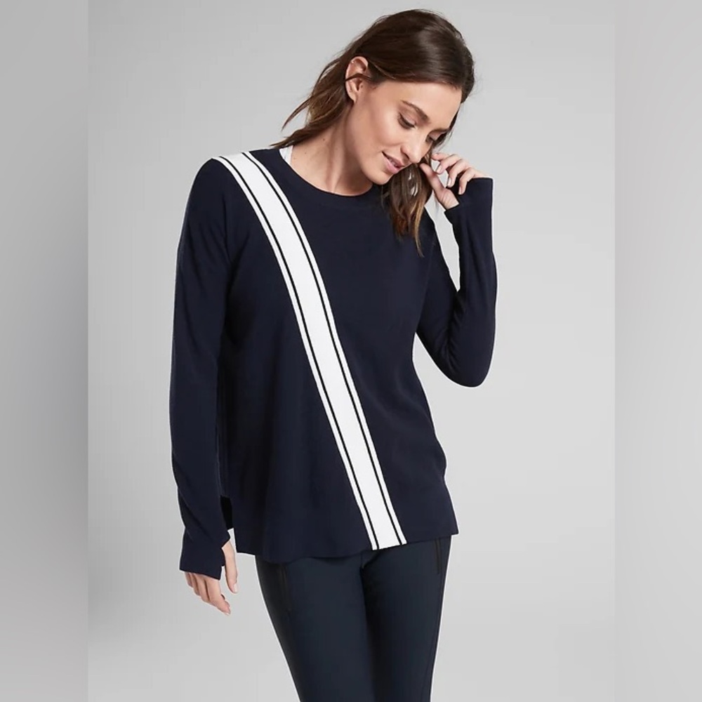 Athleta Women’s Navy Blue White Stripe Streetwise Sweater Thumb Holes Sz M Tunic